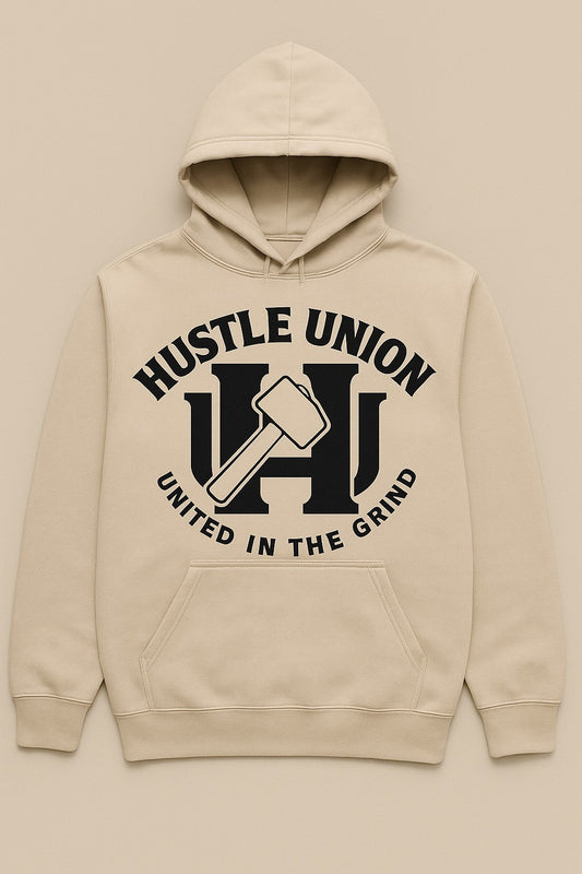 Beige hoodie with 'Hustle Union' logo.