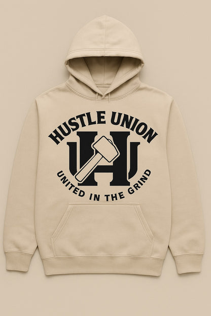 Beige hoodie with 'Hustle Union' logo.