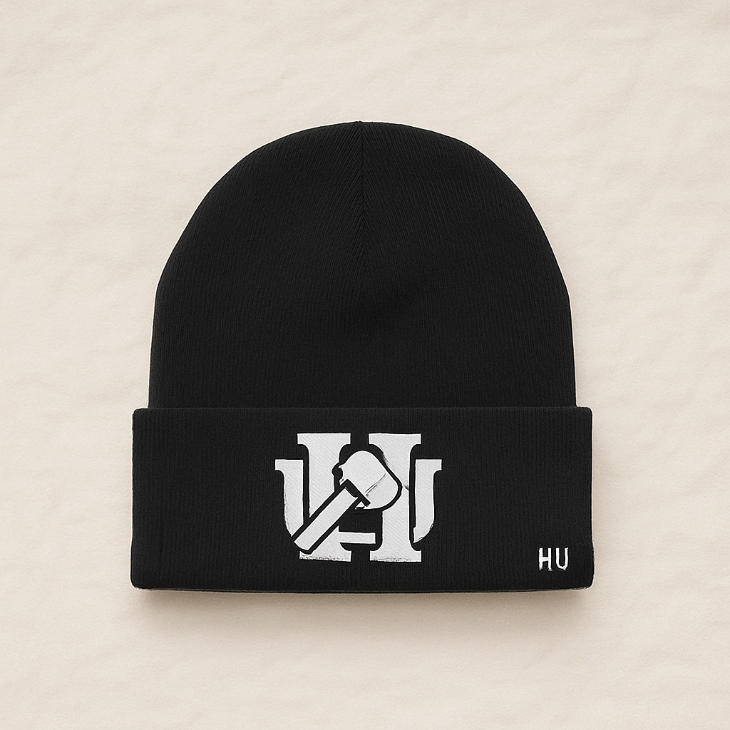 Black beanie with logo and accent. 