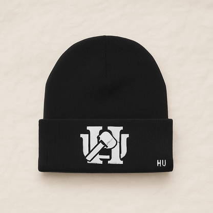 Black beanie with logo and accent. 