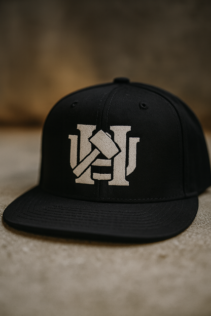 Black cap with an embroidered logo.