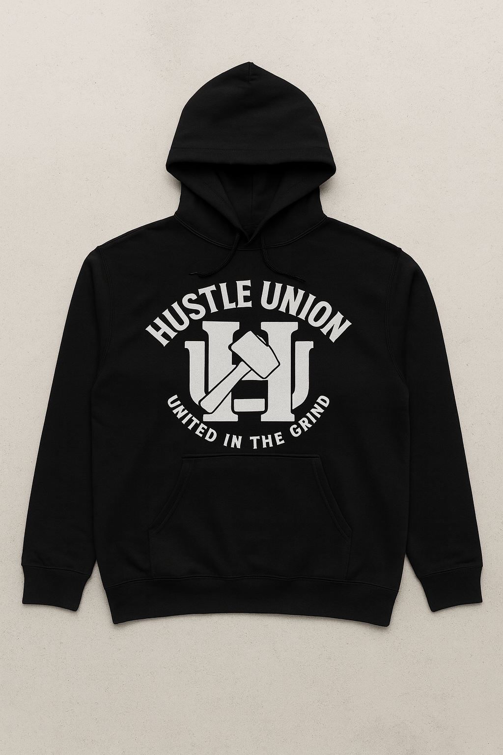 Black hoodie with 'Hustle Union' logo.