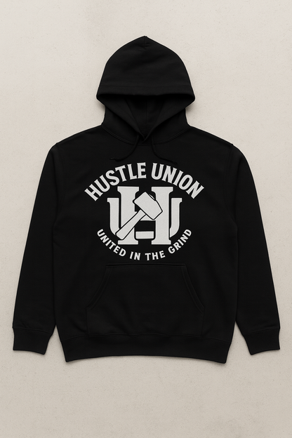 Black hoodie with 'Hustle Union' logo.