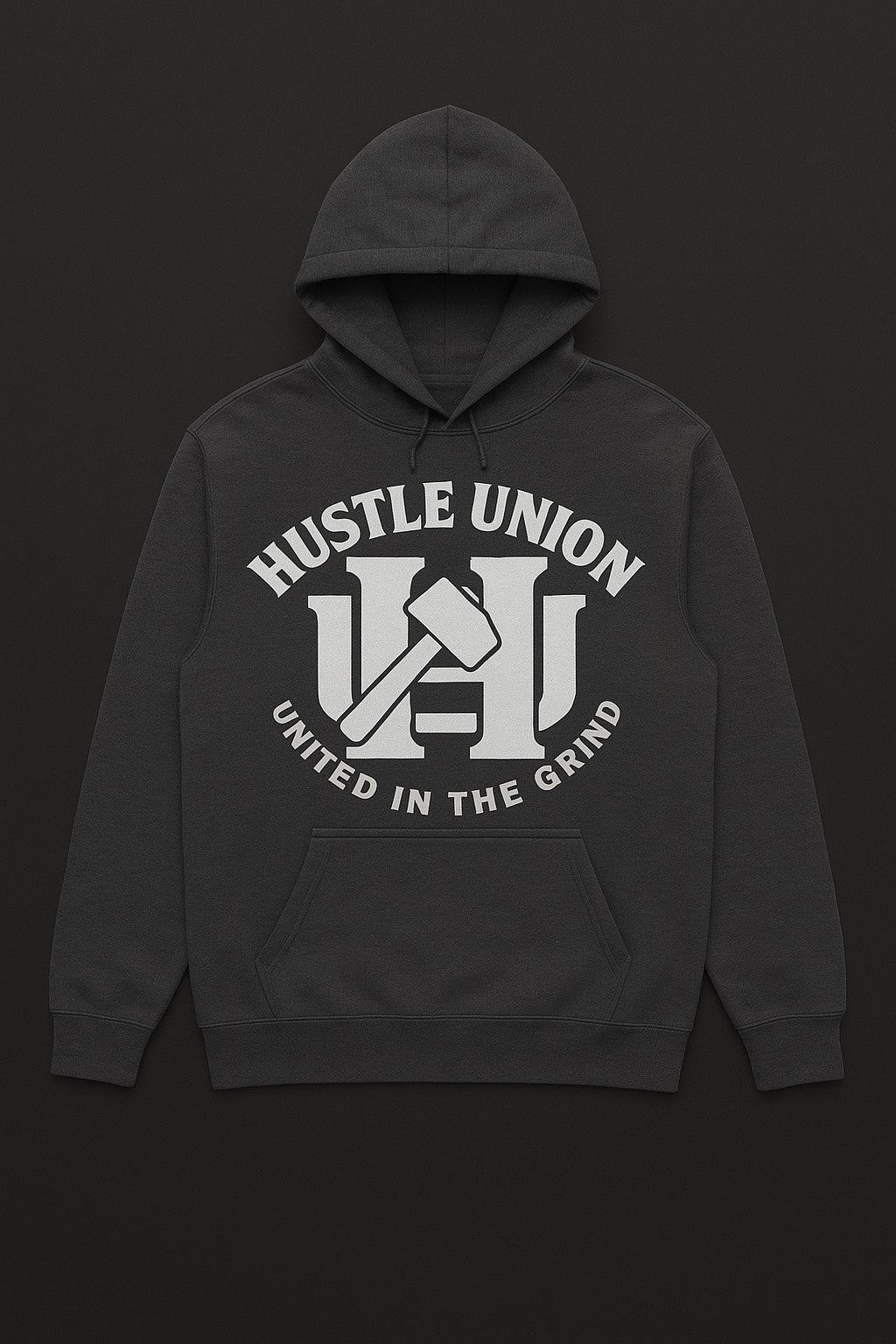 Charcoal hoodie with 'Hustle Union' logo. 