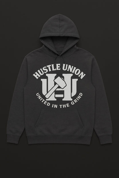 Charcoal hoodie with 'Hustle Union' logo. 