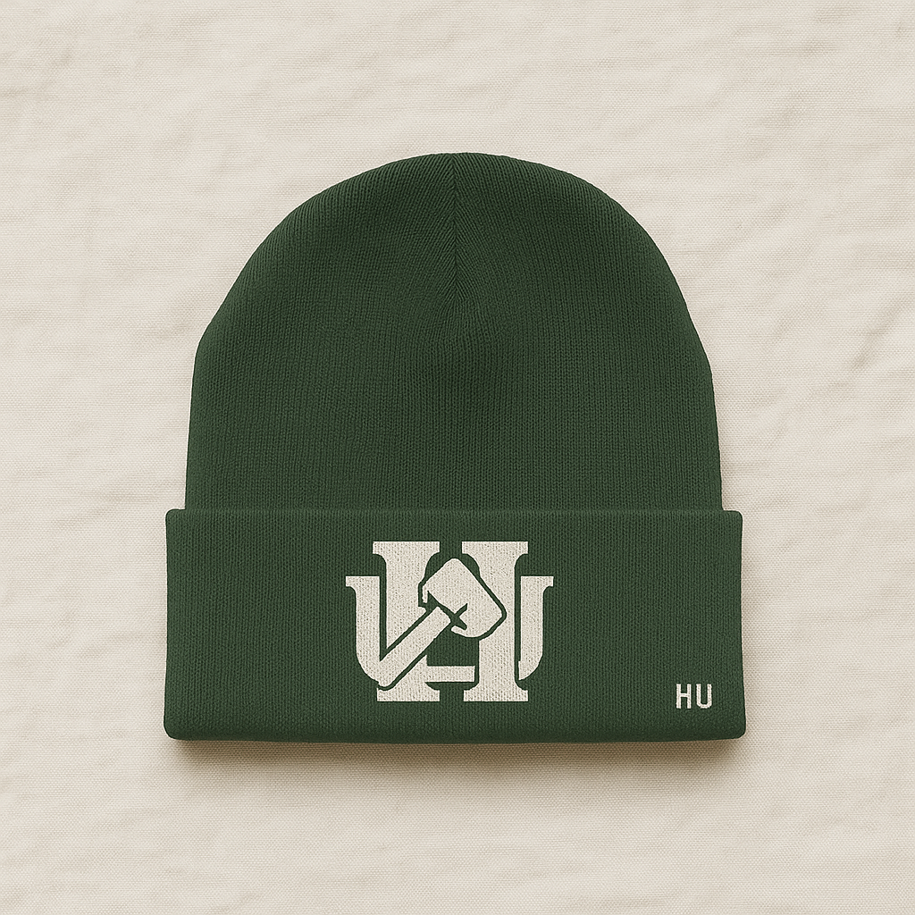 Forest Green beanie with logo and accent. 