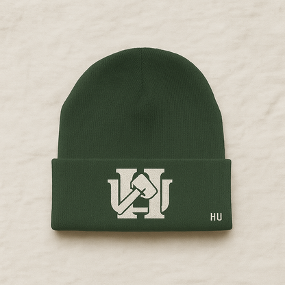 Forest Green beanie with logo and accent. 