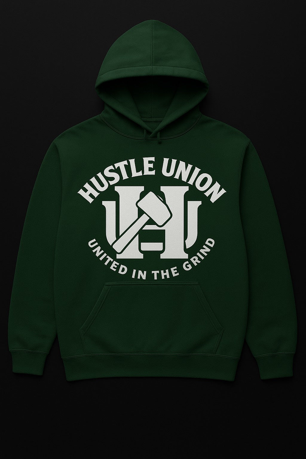 Forest Green hoodie with 'Hustle Union' logo.