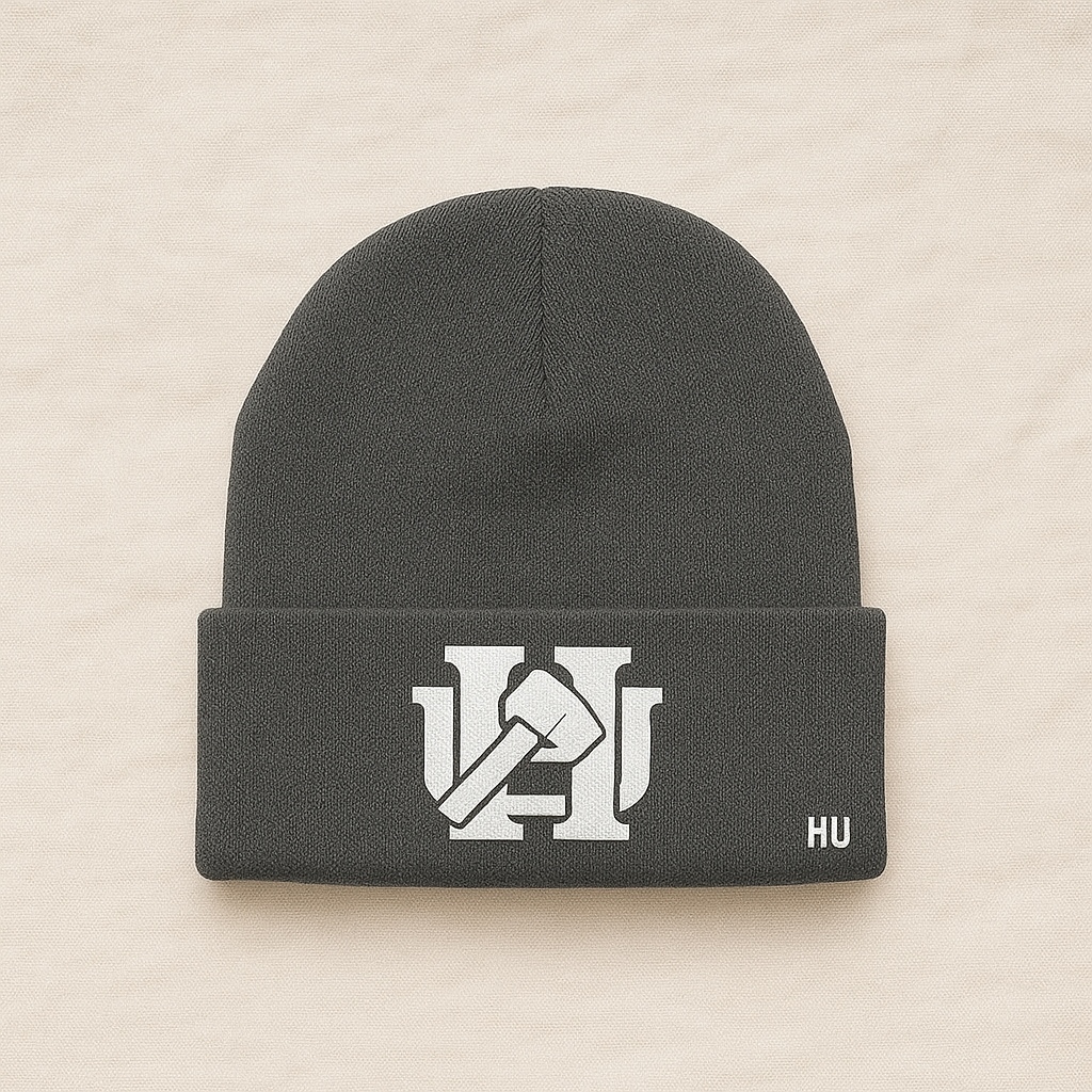 Grey beanie with logo and accent.