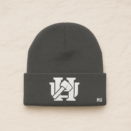 Grey beanie with logo and accent.