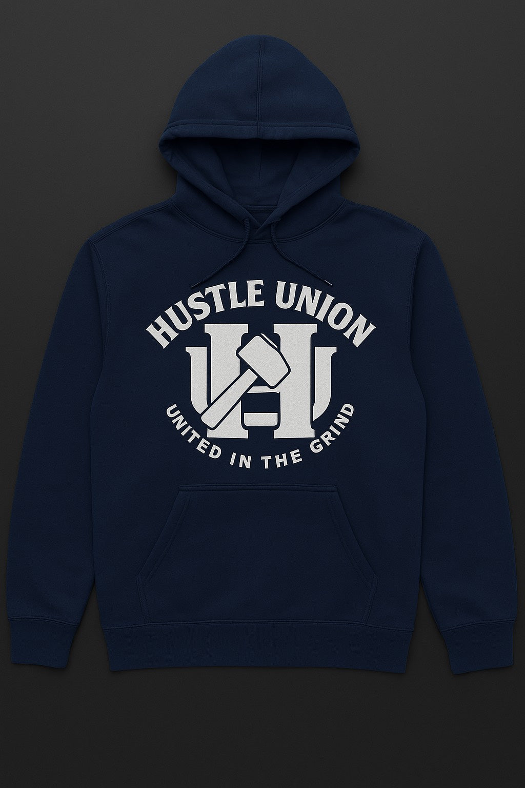 Navy blue hoodie with white 'Hustle Union' logo.