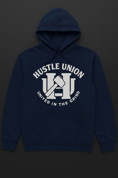 Navy blue hoodie with white 'Hustle Union' logo.