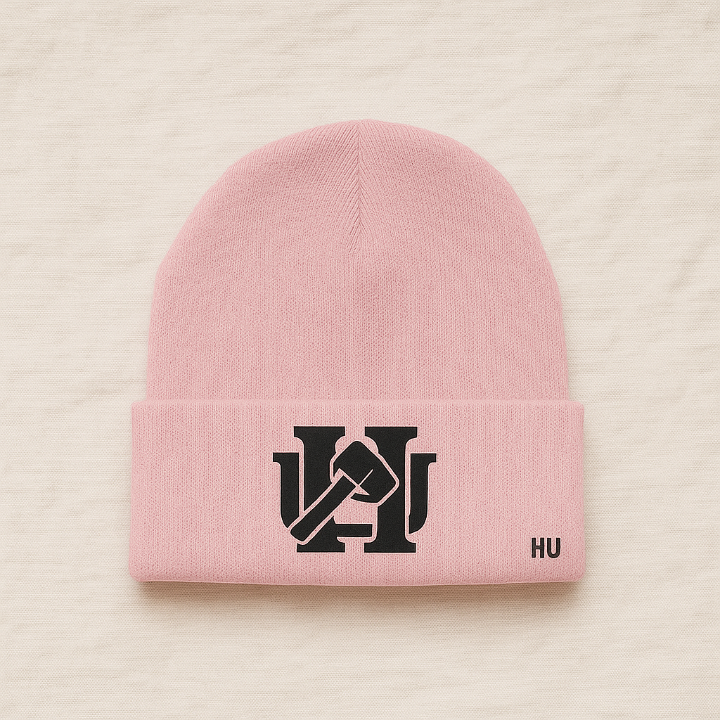 Pink beanie with logo and accent. 