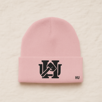 Pink beanie with logo and accent. 