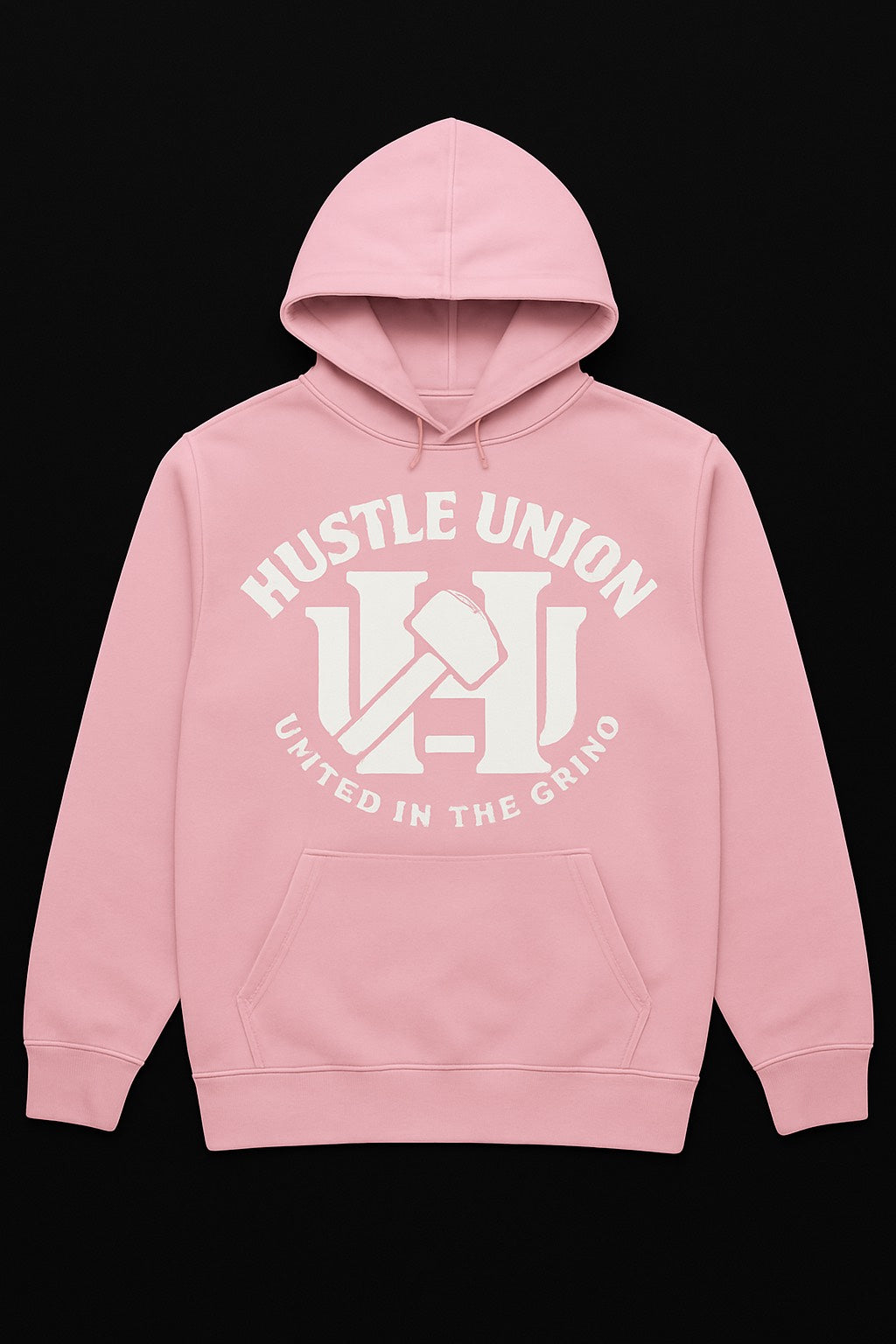 Pink hoodie with 'Hustle Union' logo. 