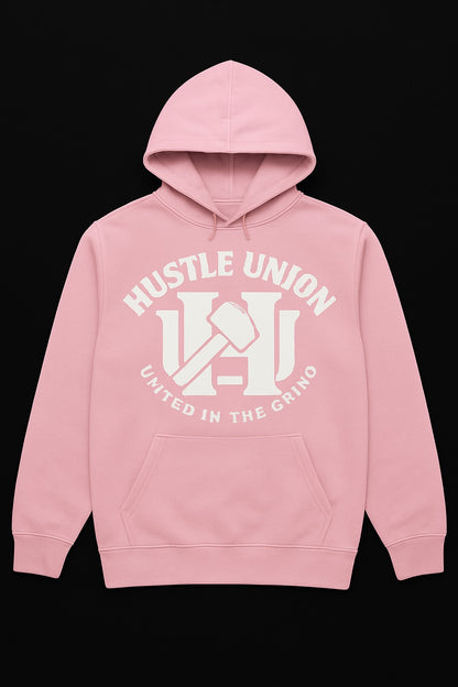 Pink hoodie with 'Hustle Union' logo. 