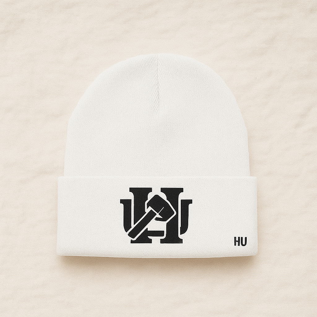 White beanie with logo and accent.