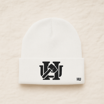 White beanie with logo and accent.