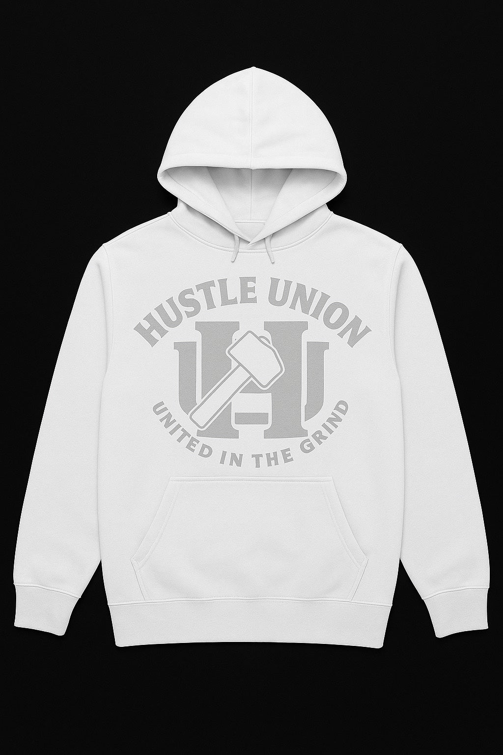 White hoodie with 'Hustle Union' logo. 
