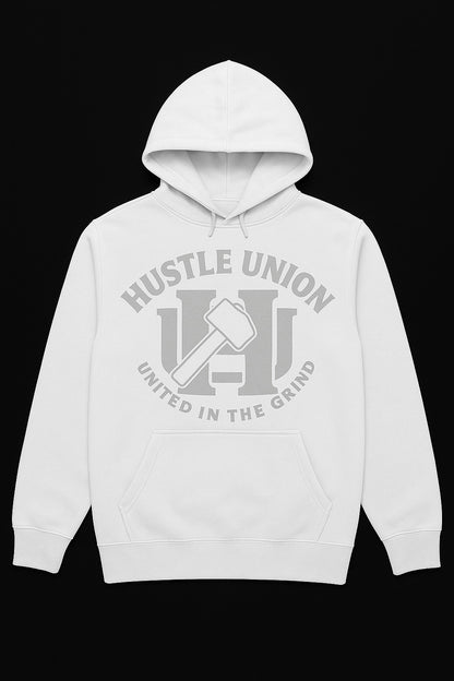 White hoodie with 'Hustle Union' logo. 